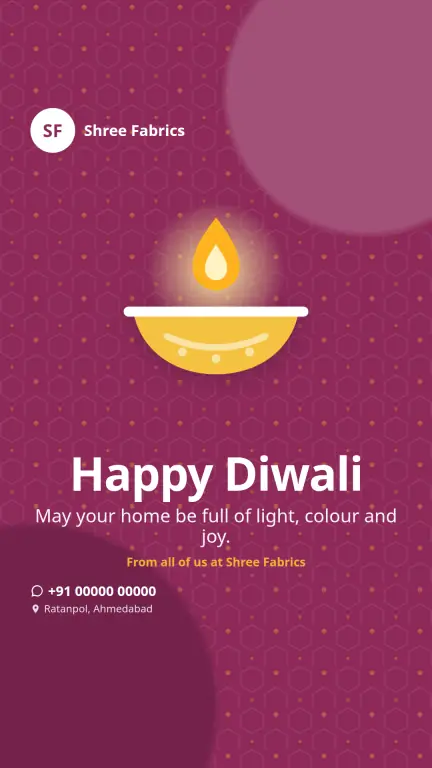 Diwali greeting for Status in English: a diya on a plum background with Happy Diwali and the shop's number