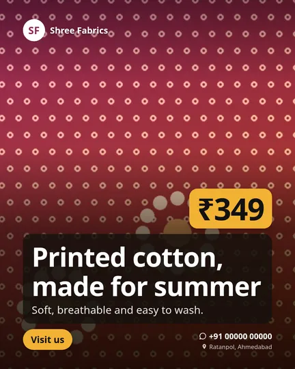 Product post in the 4:5 feed size: Printed cotton, made for summer, ₹349, with a Visit us button